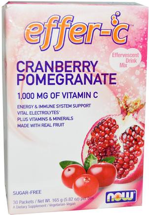 Effer-C, Effervescent Drink Mix, Cranberry Pomegranate, 30 Packets, 5.82 oz (165 g) by Now Foods-Sport, Elektrolytdryckpåfyllning, Vitamin C, Vitamin C-Pulver Och Kristaller
