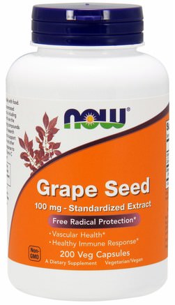 Grape Seed, Standardized Extract, 100 mg, 200 Veg Capsules by Now Foods-Kosttillskott, Antioxidanter, Druvfrö Extrakt