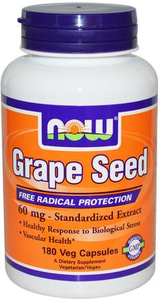 Grape Seed, Standardized Extract, 60 mg, 180 Veg Capsules by Now Foods-Kosttillskott, Antioxidanter, Druvfrö Extrakt