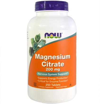 Magnesium Citrate, 200 mg, 250 Tablets by Now Foods-Kosttillskott, Mineraler, Magnesiumcitrat