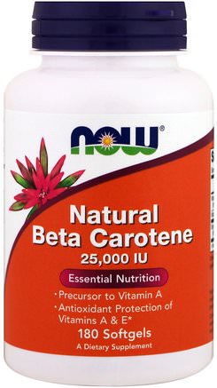 Natural Beta Carotene, 25.000 IU, 180 Softgels by Now Foods-Vitaminer, Vitamin A, Betakaroten, Kosttillskott, Karotenoider