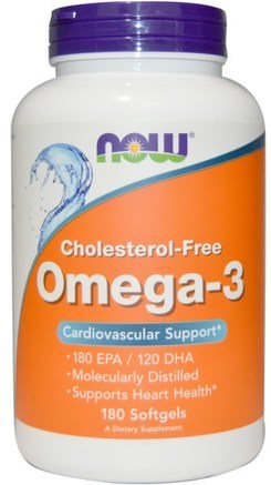 Omega-3 Cholesterol-Free, 180 Softgels by Now Foods-Kosttillskott, Efa Omega 3 6 9 (Epa Dha), Fiskolja, Mjölkfiskolja, Omega 369 Kepsar / Flikar