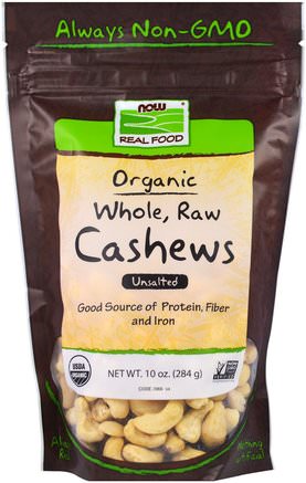 Real Food, Organic Whole, Raw Cashews, Unsalted, 10 oz (284 g) by Now Foods-Mat, Nötter Frön Korn, Cashewnötter