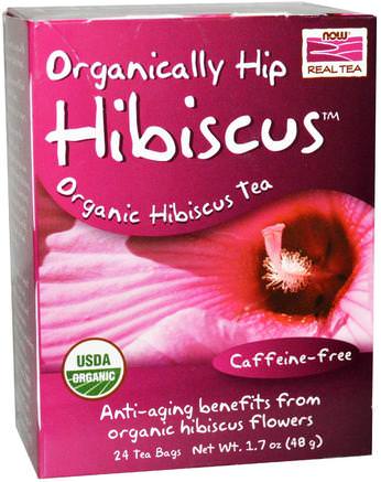 Organic Real Tea, Organically Hip Hibiscus, Caffeine-Free, 24 Tea Bags, 1.7 oz (48 g) by Now Foods-Mat, Örtte, Hibiskus