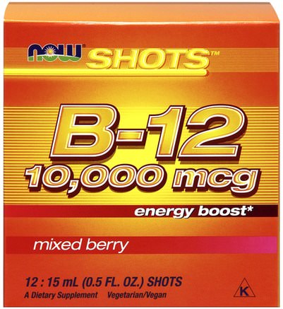 Shots, B-12, Mixed Berry, 10.000 mcg, 12 Shots, 0.5 fl oz (15 ml) Each by Now Foods-Vitaminer, Vitamin B, Vitamin B12, Vitamin B12 - Vätska