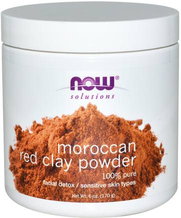 Solutions, Moroccan Red Clay Powder, Facial Detox, 6 oz (170 g) by Now Foods-Hälsa, Detox, Lera, Skönhet, Ansiktsvård, Hudtyp Rosacea, Känslig Hud
