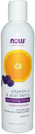 Solutions, Purifying Toner, Vitamin C & Acai Berry, 8 fl oz (237 ml) by Now Foods-Skönhet, Ansikts Toner, Ansiktsvård, Hud
