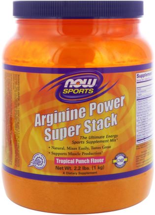 Sports, Arginine Power Super Stack, Tropical Punch Flavor, 2.2 lbs. (1 kg) by Now Foods-Kosttillskott, Aminosyror, L Arginin, L Argininpulver