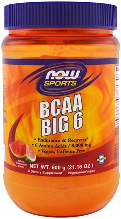 Sports, BCAA Big 6, Natural Watermelon Flavor, 21.16 oz (600 g) by Now Foods-Sport, Kosttillskott, Bcaa (Förgrenad Aminosyra)