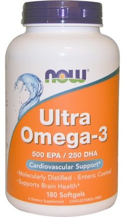 Ultra Omega-3, 500 EPA/250 DHA, 180 Softgels by Now Foods-Kosttillskott, Efa Omega 3 6 9 (Epa Dha), Fiskolja, Mjölkfiskolja, Omega 369 Kepsar / Flikar