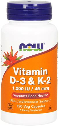 Vitamin D-3 & K-2, 1.000 IU / 45 mcg, 120 Veg Capsules by Now Foods-Vitaminer, Vitamin D3
