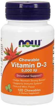 Vitamin D-3, Natural Mint Flavor, 5.000 IU, 120 Chewables by Now Foods-Vitaminer, Vitamin D3