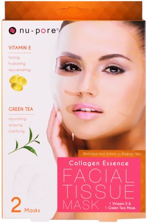 Collagen Essence Facial Tissue Mask, Vitamin E & Green Tea, 2 Mask by Nu-Pore-Skönhet, Ansiktsmasker, Arkmaskar