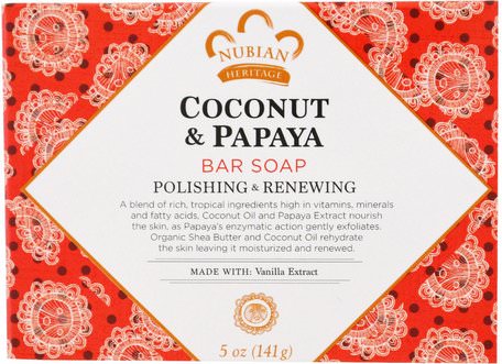 Coconut & Papaya Bar Soap, 5 oz (141 g) by Nubian Heritage-Bad, Skönhet, Tvål