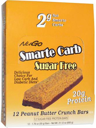 Smarte Carb Sugar Free, Peanut Butter Crunch Bars, 12 -1.76 oz (50 g) Bars by NuGo Nutrition-Sport, Protein Barer