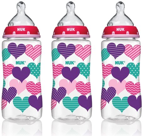 Bottle with Perfect Fit Nipple, 0+ Months, Medium, Hearts, 3 Wide-Neck Bottles, 10 oz (300 ml) Each by NUK-Barns Hälsa, Barnmat