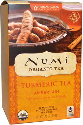 Organic Turmeric Tea, Amber Sun, Caffeine Free, 12 Tea Bags, 1.46 oz (41.4 g) by Numi Tea-Mat, Örtte, Gurkmeja Te, Tillskott, Antioxidanter, Curcumin