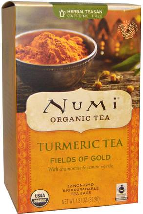 Organic Turmeric Tea, Fields of Gold, 12 Tea Bags, 1.31 oz (37.2 g) by Numi Tea-Mat, Örtte, Gurkmeja Te, Tillskott, Antioxidanter, Curcumin