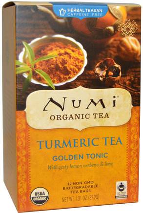 Organic Turmeric Tea, Golden Tonic, Caffeine Free, 12 Tea Bags, 1.31 oz (37.2 g) Each by Numi Tea-Mat, Örtte, Gurkmeja Te, Tillskott, Antioxidanter, Curcumin
