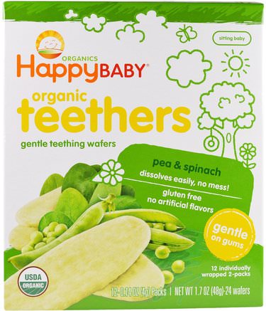 Gentle Teething Wafers, Organic Teethers, Pea & Spinach, 12 Packs, 0.14 oz (4 g) Each by Nurture (Happy Baby)-Barns Hälsa, Babyfodring, Babysnickor Och Fingermat, Kakor Med Tändkakor
