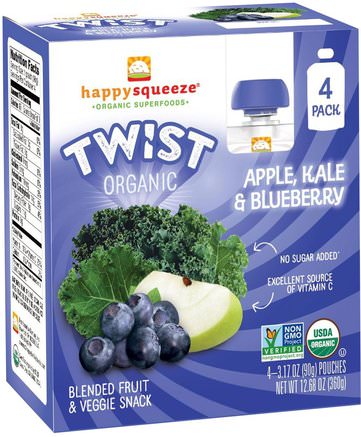 Happy Squeeze, Organic Superfoods, Twist, Organic Apple, Kale, & Blueberry, 4 Pouches, 3.17 oz (90 g) Each by Nurture (Happy Baby)-Barns Hälsa, Barnmat