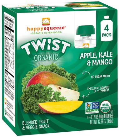 Happy Squeeze, Organic Superfoods, Twist, Organic Apple, Kale & Mango, 4 Pouches, 3.17 oz (90 g) Each by Nurture (Happy Baby)-Barns Hälsa, Babyfodring, Mat, Barnmat