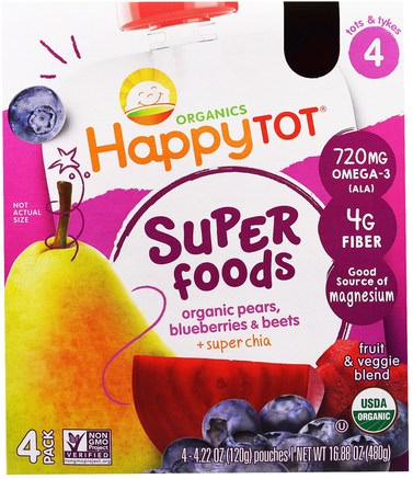 Happy Tot, Fruit & Veggie Blend, Organic Pears, Blueberries & Beets + Super Chia, Stage 4, 4 Pack - 4.22 oz (120 g) Each by Nurture (Happy Baby)-Barns Hälsa, Barnmat
