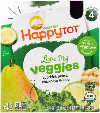 Happy Tot, Love My Veggies, Zucchini, Pears, Chickpeas & Kale, 4 Pouch, 4.22 oz (120 g) Each by Nurture (Happy Baby)-Barns Hälsa, Barnmat