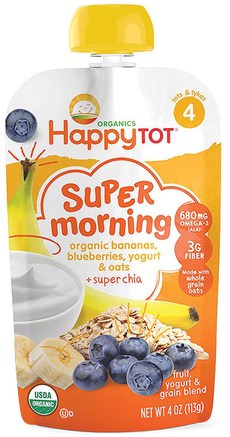 Happy Tot, Stage 4, Super Morning, Fruit, Yogurt & Grain Blend, Organic Bananas, Blueberries, Yogurt & Oats Plus Super Chia, 4 oz (113 g) by Nurture (Happy Baby)-Barns Hälsa, Barnmat