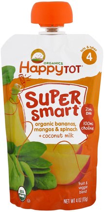 Happy Tot, Stage 4, Super Smart, Fruit and Veggie Blend, Organic Bananas, Mangos & Spinach, Coconut Milk, 4 oz (113 g) by Nurture (Happy Baby)-Barns Hälsa, Babyfodring, Mat