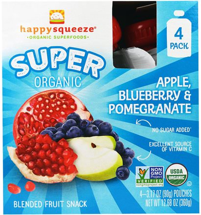 Happy Squeeze, Super Organic Apple Blueberry & Pomegranate, 4 Pouch, 3.17 oz (90 g) by Nurture (Happy Baby)-Barns Hälsa, Barnmat