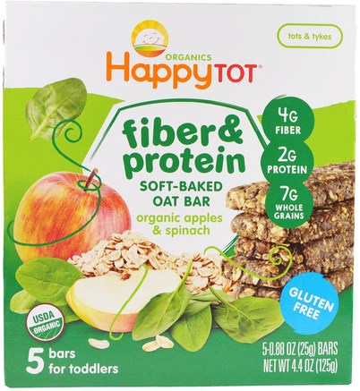 Happytot, Fiber & Protein Soft-Baked Oat Bar, Organic Apples & Spinach, 5 Bars, 0.88 oz (25 g) Each by Nurture (Happy Baby)-Barns Hälsa, Babyfodring, Baby Snacks Och Fingermat, Barnmat