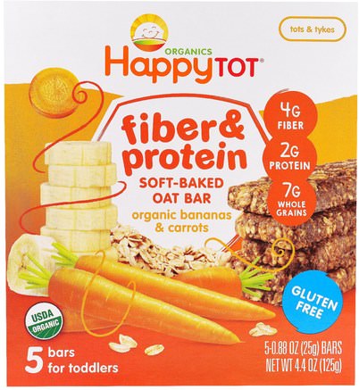 Happytot, Fiber & Protein Soft-Baked Oat Bar, Organic Bananas & Carrots, 5 Bars, 0.88 oz (25 g) Each by Nurture (Happy Baby)-Barns Hälsa, Babyfodring, Baby Snacks Och Fingermat, Barnmat