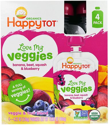 HappyTot, Love My Veggies, Banana, Beet, Squash & Blueberry, 4 Pouches, 4.22 oz (120 g) Each by Nurture (Happy Baby)-Barns Hälsa, Barnmat