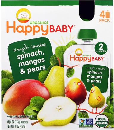 Organic Baby Food, Spinach, Mangos & Pears, 4 Pack - 4 oz (113 g) by Nurture (Happy Baby)-Barns Hälsa, Barnmat