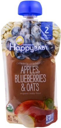 Organic Baby Food, Stage 2, Clearly Crafted, 6+ Months, Apples, Blueberries, & Oats, 4.0 oz (113 g) by Nurture (Happy Baby)-Barns Hälsa, Babyfodring, Mat, Barnmat