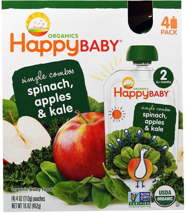 Organic Baby Food, Stage 2, Simple Combos, Spinach, Apples & Kale, 4 Pouches, 4 oz (113 g) Each by Nurture (Happy Baby)-Barns Hälsa, Barnmat