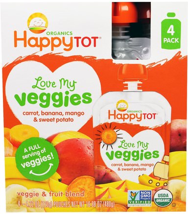 Organics, Love My Veggies, Carrot, Banana, Mango & Sweet Potato, 4 Pouches - 4.22 oz (120 g) Each by Nurture (Happy Baby)-Barns Hälsa, Barnmat