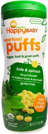 Organics, Superfood Puffs, Veggie, Fruit & Grain, Kale & Spinach, 2.1 oz (60 g) by Nurture (Happy Baby)-Barns Hälsa, Babyfodring, Baby Snacks Och Fingermat