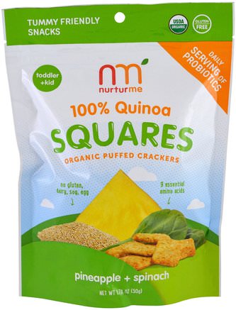 100% Quinoa Squares, Organic Puffed Crackers, Pineapple + Spinach, 1.76 oz (50 g) by NurturMe-Barns Hälsa, Babyfodring, Baby Snacks Och Finger Mat, Småbarnsmad, Barn Mat