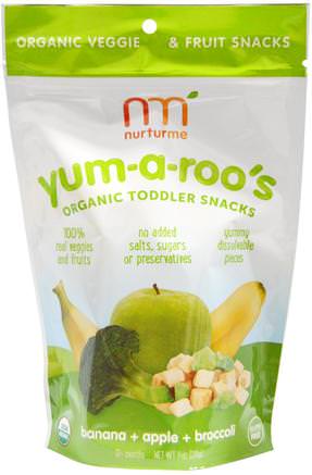 Organic Toddler Snacks, Yum-A-Roos, Banana + Apple + Broccoli, 1 oz (28 g) by NurturMe-Barns Hälsa, Babyfodring, Baby Snacks Och Finger Mat, Småbarnsmad, Barn Mat