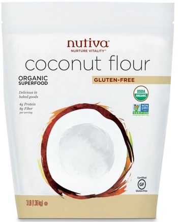 Coconut Flour, Gluten Free, 3 lb (1.36 kg) by Nutiva-Mat, Mjöl Och Blandningar, Kokosmjöl
