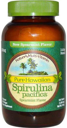 Pure Hawaiian Spirulina Pacifica, Natures Multi-Vitamin, Spearmint Flavor, 1.000 mg, 180 Tablets by Nutrex Hawaii-Kosttillskott, Spirulina