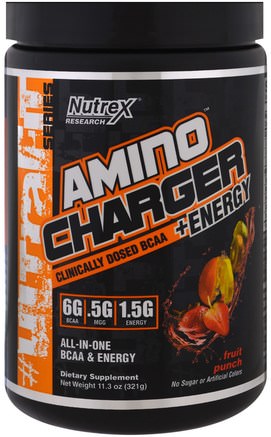 Amino Charger + Energy, Fruit Punch, 11.3 oz (321 g) by Nutrex Research Labs-Sport, Aminosyror, Bcaa (Förgrenad Aminosyra)
