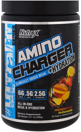 Amino Charger + Hydration, Mango Berry Lemonade, 14.1 oz (399 g) by Nutrex Research Labs-Sport, Aminosyror, Bcaa (Förgrenad Aminosyra)