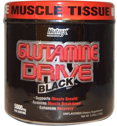 Glutamine Drive, Black, Unflavored, 5000 mg, 5.29 oz (150 g) by Nutrex Research Labs-Kosttillskott, Aminosyror, L Glutaminpulver, Sport