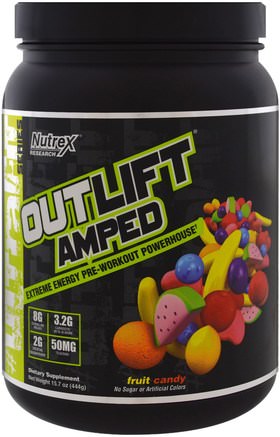 Outlift Amped, Pre-Workout Powerhouse, Fruit Candy, 15.7 oz (444 g) by Nutrex Research Labs-Sport, Träning