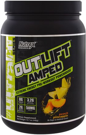 Outlift Amped, Pre-Workout Powerhouse, Peach Pineapple, 15.7 oz (446 g) by Nutrex Research Labs-Sport, Träning