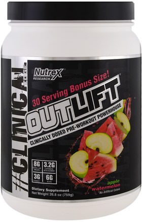 Outlift, Clinically Dosed Pre-Workout Powerhouse, Apple Watermelon, 26.8 oz (759 g) by Nutrex Research Labs-Hälsa, Energi, Sport