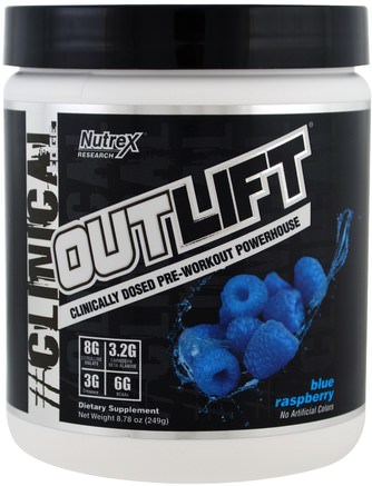Outlift, Clinically Dosed Pre-Workout Powerhouse, Blue Raspberry, 8.78 oz (249 g) by Nutrex Research Labs-Hälsa, Energi, Sport